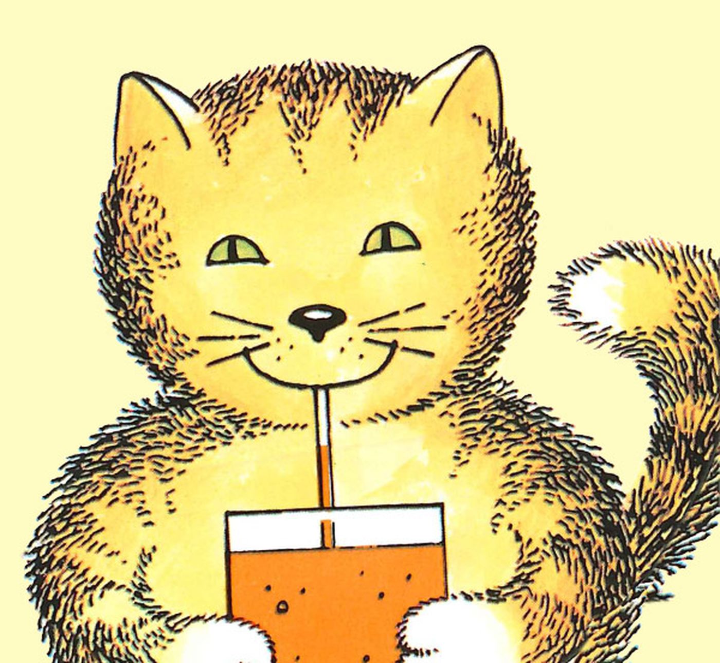 A smiling cartoon cat drinks from an orange juice box with a straw against a pale yellow background.