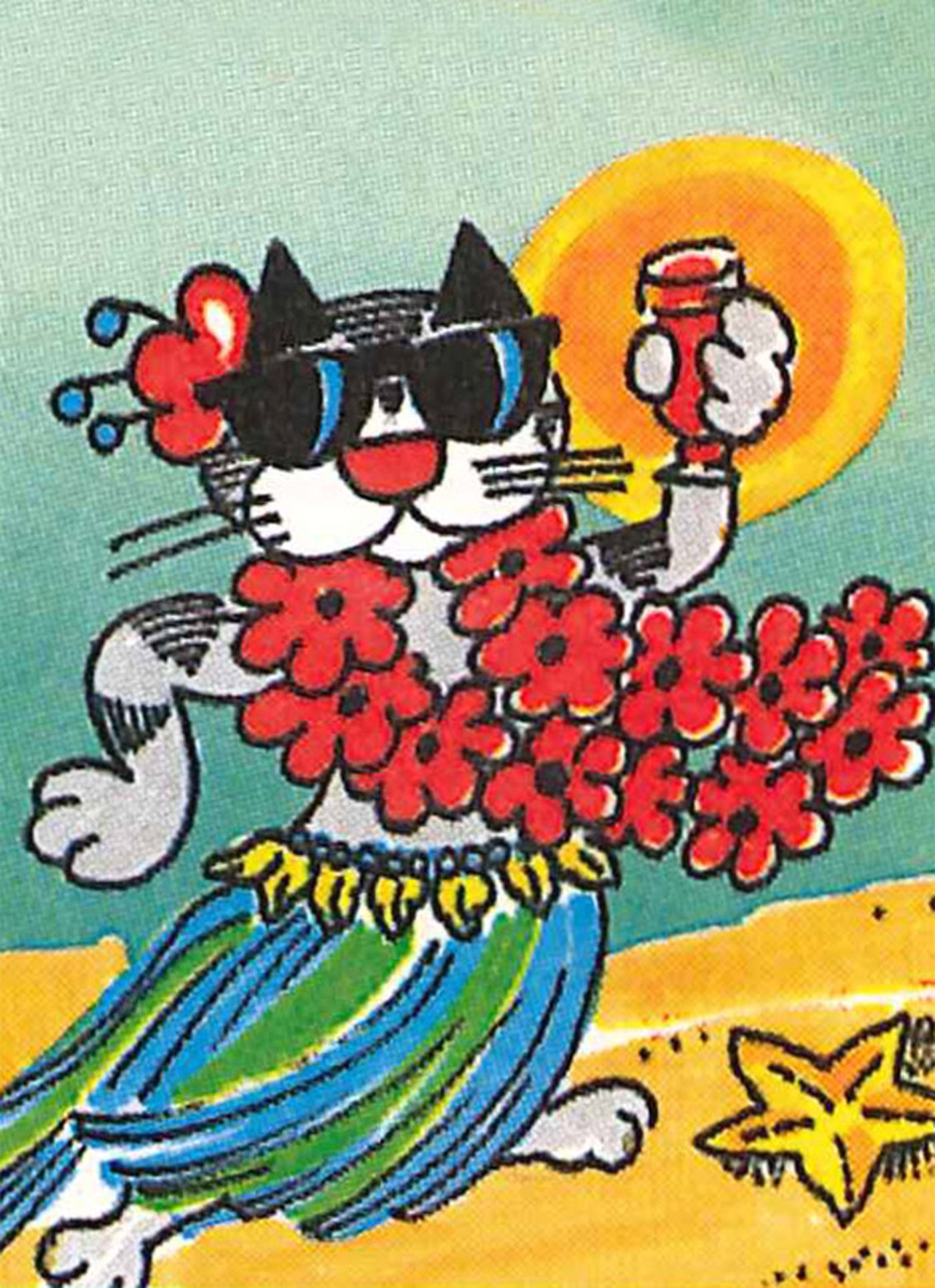 Cartoon cat wearing sunglasses, a flower lei, and hula skirt, holding a drink on a beach with sun, ocean, and starfish.