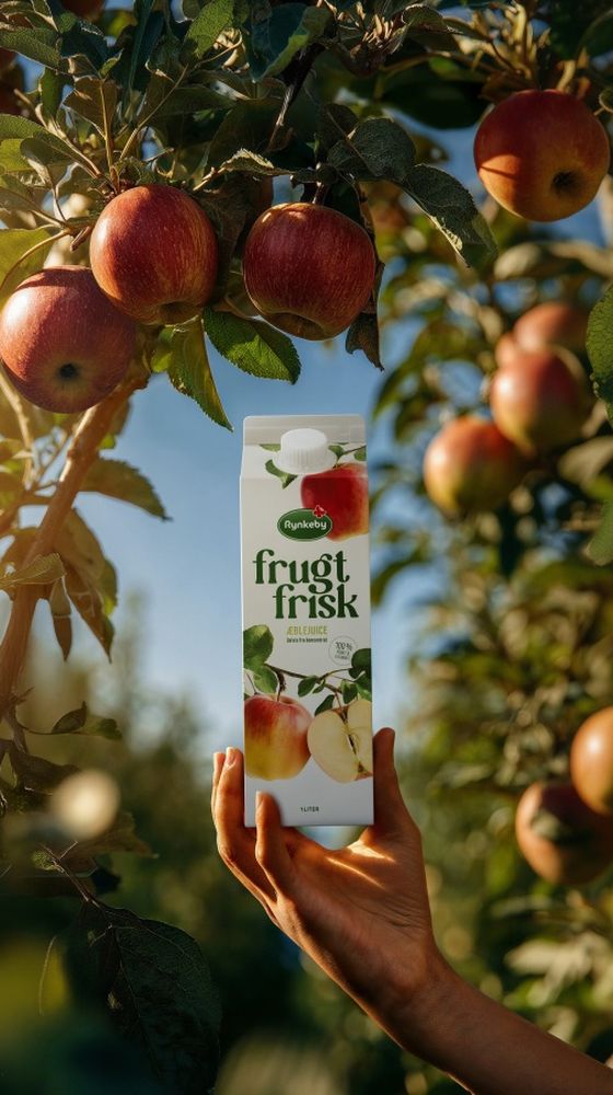 A hand holding a carton of Frugt Frisk apple juice in an orchard with ripe apples hanging from branches under a clear blue sky.