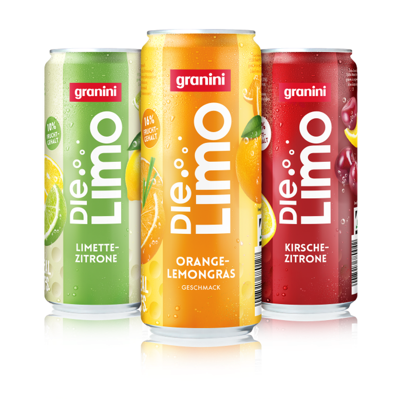 Three cans of "Die Limo" drinks by Granini in lime-lemon, orange-lemongrass, and cherry-lemon flavors, with vibrant fruit graphics.