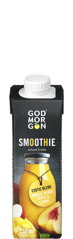 Carton of God Morgon mixed fruits smoothie, featuring mango, peach, apple, and lemon flavors. 250 ml size with a white cap.