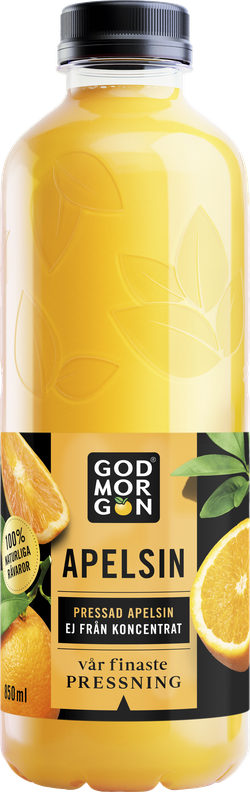 A bottle of "God Morgon" orange juice, 850 ml, with an orange slice and green leaves on the label, marked "100% Naturally Rainier."