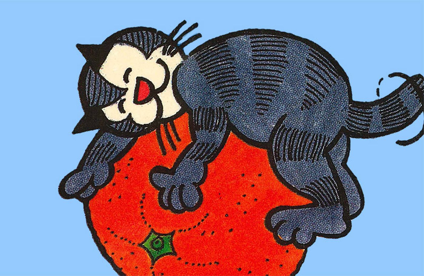 Cartoon cat asleep and smiling on a large red-orange fruit against a blue background.