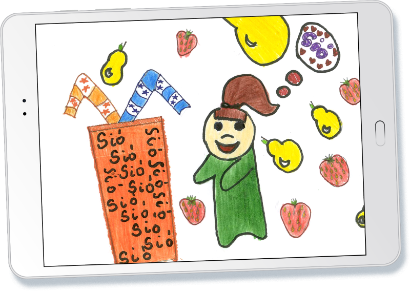 Child's drawing of a smiling person in green, surrounded by fruits and a box with colorful straws, on a tablet screen.