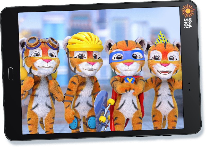 Four animated Sió Vitatigris cubs wearing helmets and superhero costumes stand together on a tablet screen, smiling cheerfully.