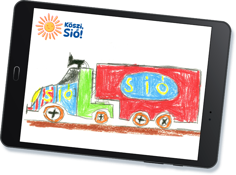 Child's colorful drawing of a Sió truck on a tablet screen, featuring a sun and the words "Köszi, Sió!" in the corner.