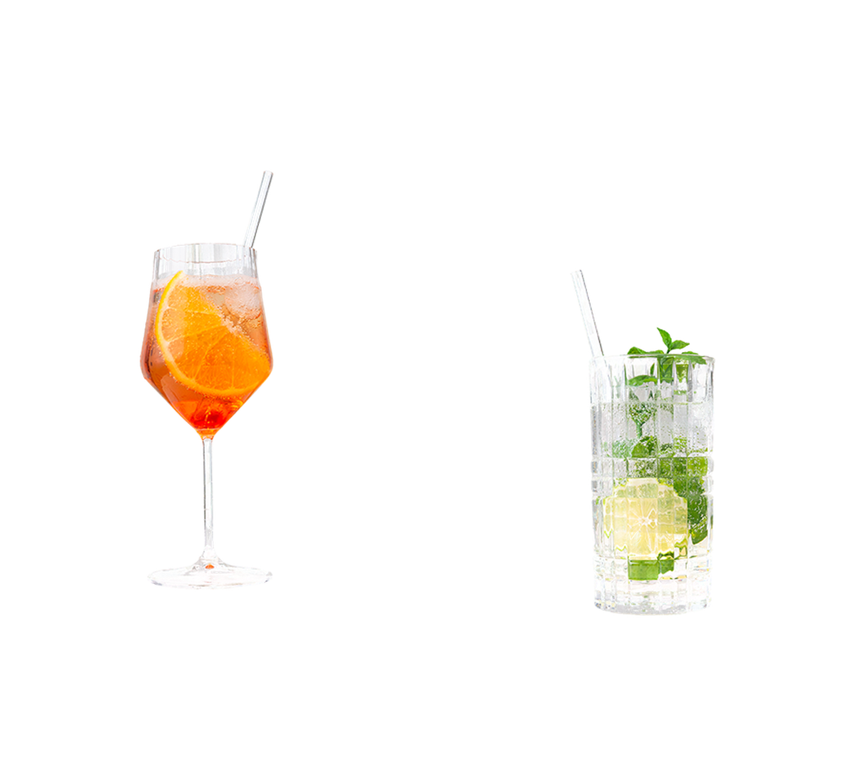 Two refreshing cocktails: one with orange slices in a wine glass, the other with mint and lime in a tall glass, both with straws.