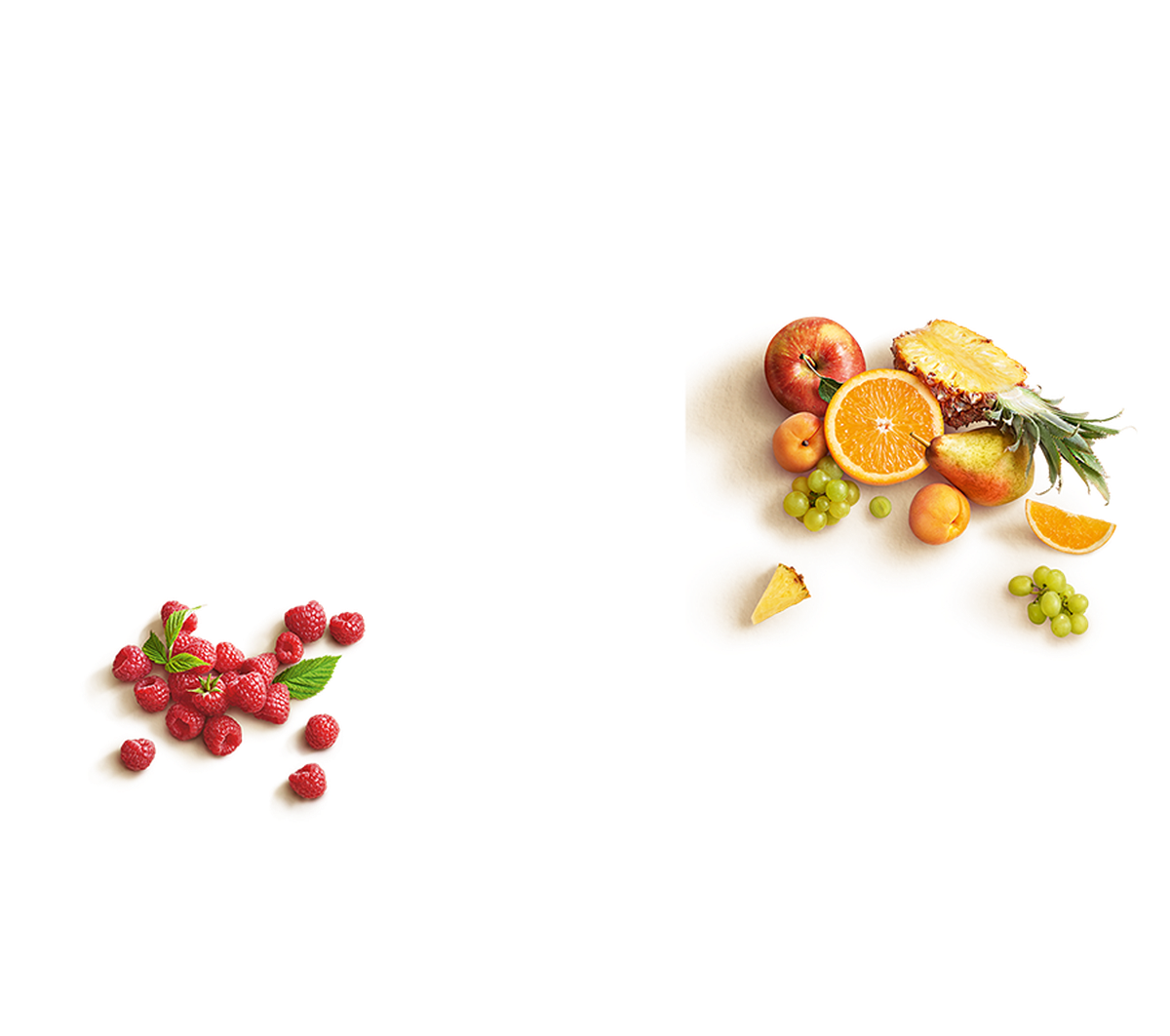 Assorted fruits including raspberries, pineapple, oranges, grapes, apricots, and apples arranged on a beige background.