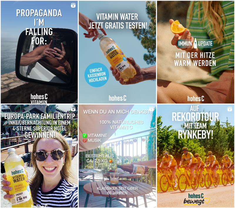 Collage of six promotional images for Hohes C vitamin water, featuring bottles, a woman holding a drink, and cyclists in yellow jerseys. Text in German.