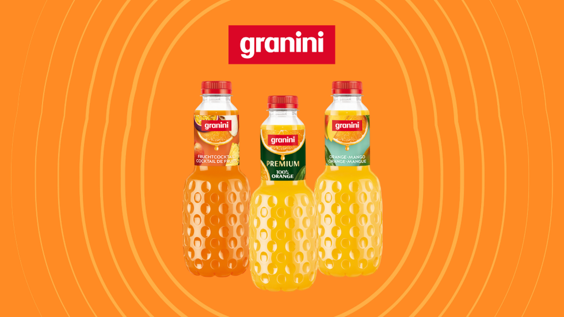 Three granini juice bottles—Multivitamin, Premium 100% Orange, and Orange Mango—against an orange background with a red granini logo.