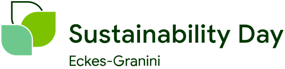 Green and blue leaf icon with words "Sustainability Day Eckes-Granini" written in dark green text.