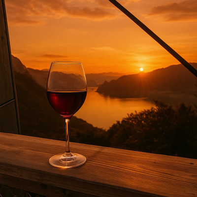 Ein Weinglas, im Hintergrund Sonnenuntergang und Berge – stimmungsvolle Atmosphäre bei der Sundowner-Verkostung.