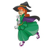 Illustration einer Hexe mit langem Kleid, Besen und Hexenhut vor transparentem Hintergrund.