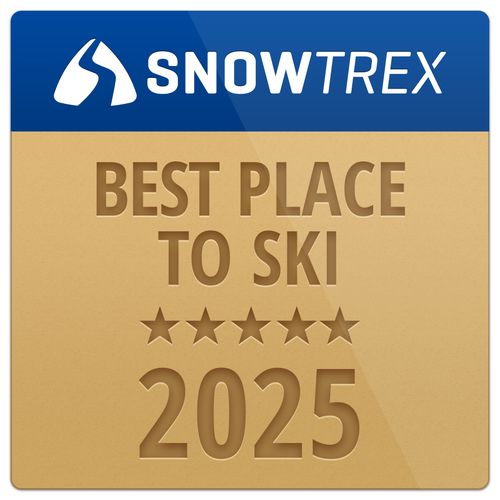 Award plaque with the inscription ‘SNOWTREX Best Place to Ski 2024’ with a snow-covered mountain landscape in the background.