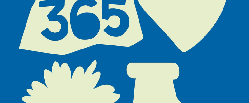 Green icons of mountain with “365”, heart, flower and hiking boot on blue background.