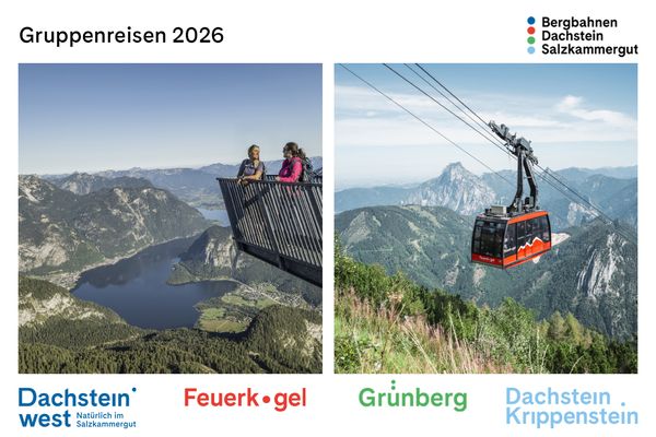 Split image: left, two people on a metal viewing platform overlooking a mountain lake and rugged peaks; right, a red cable car above a forested alpine valley.