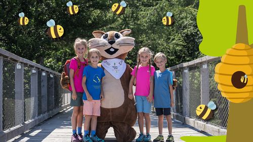Children and a squirrel mascot stand on a wooden bridge, surrounded by flying cartoon bees and a tree with a beehive.