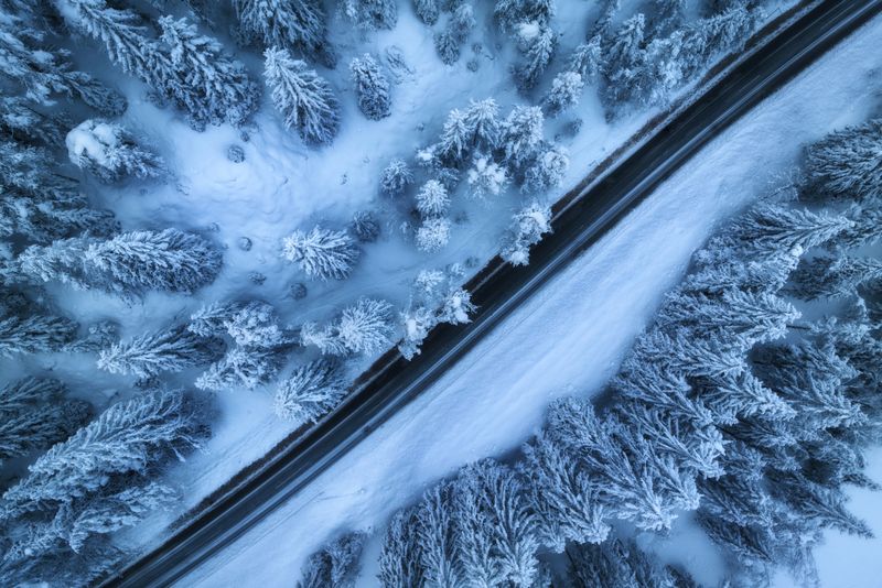 A road winds through a snow-covered forest, captured from a bird’s-eye view.