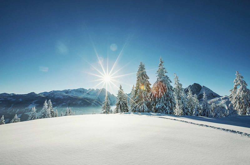 Verschneite Landschaft mit Tannenbäumen und Bergen unter strahlend blauen Himmel. Die Sonne scheint über dem Gebirgspass auf die Landschaft.