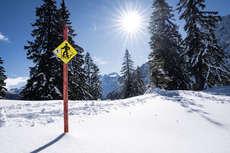 Snow-covered yellow hiking trail sign on a red post, with snow-capped mountains and trees in the background under a brilliant blue sky.