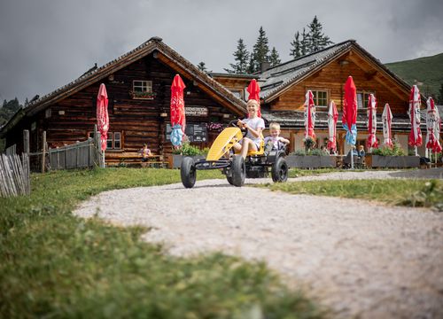 A rustic wooden chalet with outdoor seating, children driving go-karts in the foreground, surrounded by green grass and white wildflowers under a partly cloudy blue sky.