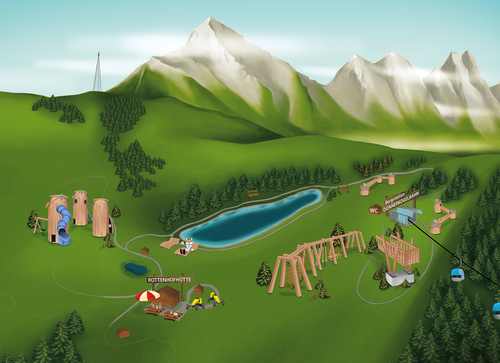 Isometric map of a mountain resort featuring playgrounds, a lake, a lodge, a cable car, and wooded slopes.