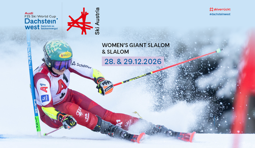 Female ski racer in a red suit during a slalom, kicking up snow. Advertisement for the Audi FIS Ski World Cup Dachstein West on December 28 & 29, 2026.