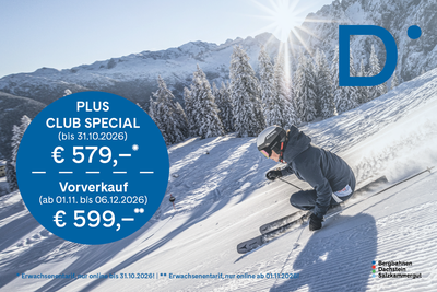 Skifahrer auf frisch präparierter Piste vor verschneiten Bergen und Sonnenschein. Plus Club Special Angebote für € 579,- / Vorverkauft ab 01.11. um € 599,-.