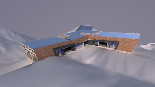 Ein modernes, kantiges Gebäude mit blauem Dach und Holzfassade, eingebettet in eine verschneite Landschaft unter freiem Himmel.