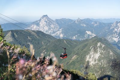 Rote Gondel der Bergbahn Feuerkogel schwebt über grüne Berglandschaft mit Blick auf markante Gipfel im Hintergrund.