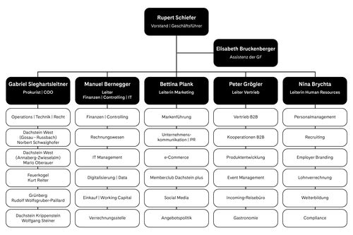 Organigramm mit Namen, CEO, COO und Abteilungsleiter für IT, Marketing, Vertrieb und Personal.