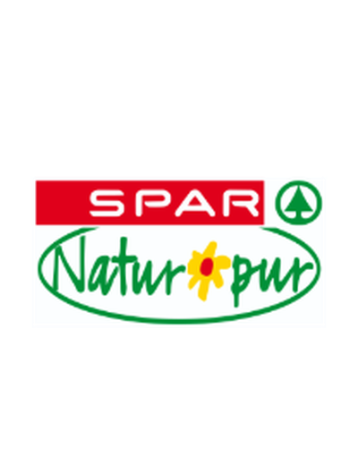 SPAR Natur*pur Logo: Roter SPAR-Schriftzug, grünes Natur*pur im Oval mit gelber Blume.