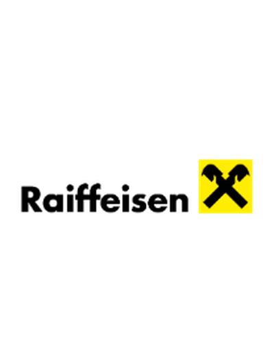 Raiffeisen-Logo: Schwarzer Schriftzug "Raiffeisen" und gelbes Quadrat mit zwei gekreuzten schwarzen Pferdeköpfen.