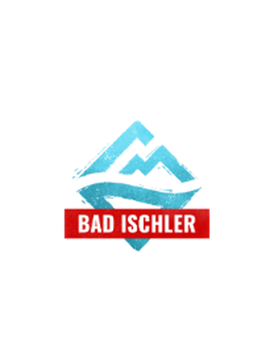 Logo von Bad Ischler: Hellblaue stilisierte Berge über einer Welle in einer Raute, mit rotem Banner und weißem Text "BAD ISCHLER".