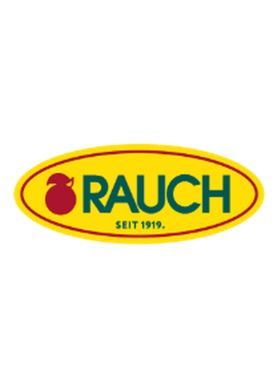 Rauch Logo: Gelbes Oval mit grünem Schriftzug „RAUCH“, rotem Fruchtsymbol und dem Zusatz „SEIT 1919.“.