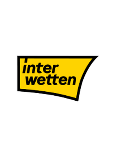 Logo von Interwetten: Schwarzer Schriftzug "interwetten" auf gelbem, geschwungenem Hintergrund mit schwarzem Rand.