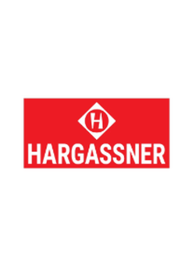 Rotes Hargassner-Logo mit weißem Schriftzug und H-Symbol in einem Diamanten.