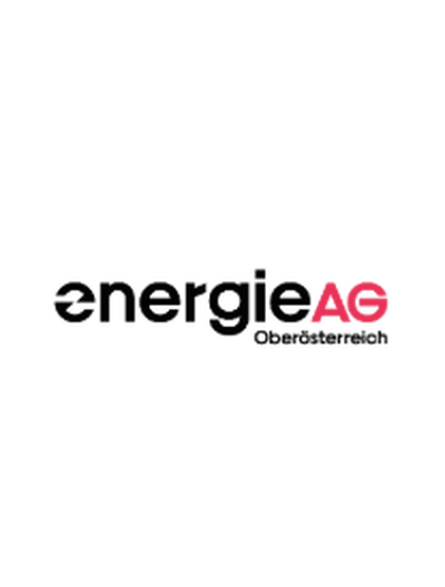 Logo der energieAG Oberösterreich. Schwarzer Schriftzug "energie" mit stilisiertem "e", pinkes "AG", darunter "Oberösterreich".