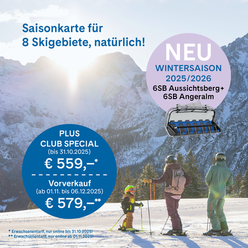 A family of three in winter gear stands on a snow-covered slope and looks out over the snow-covered glacier under a clear sky. The text on a blue button offers a special ski pass deal.