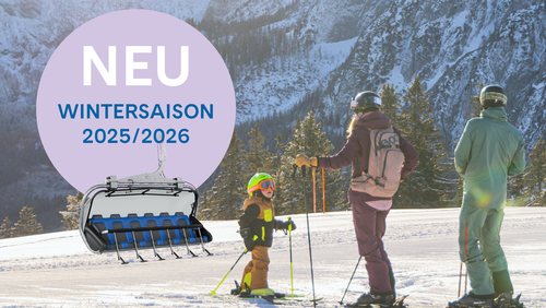 Skiers on a snow-covered slope with mountains in the background. The text reads ‘NEW Winter Season 2025/2026’ with a picture of a chairlift.