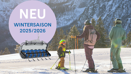 Skifahrer auf einer schneebedeckten Piste mit Bergen im Hintergrund. Der Text lautet „NEUE Wintersaison 2025/2026” mit einem Bild eines Sessellifts.