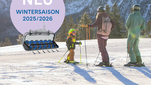 Skifahrer auf einer schneebedeckten Piste mit Bergen im Hintergrund. Der Text lautet „NEUE Wintersaison 2025/2026” mit einem Bild eines Sessellifts.