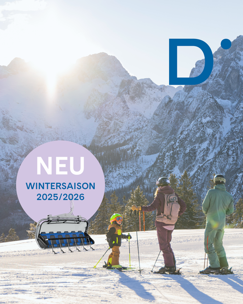 Skifahrer auf einer schneebedeckten Piste mit Bergen im Hintergrund. Der Text lautet „NEUE Wintersaison 2025/2026” mit einem Bild eines Sessellifts.