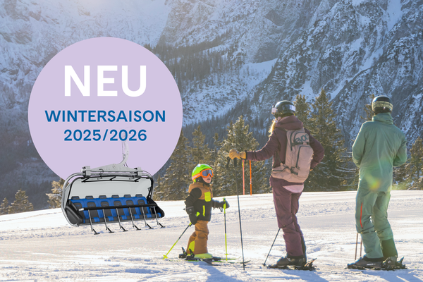 Skiers on a snow-covered slope with mountains in the background. The text reads ‘NEW Winter Season 2025/2026’ with a picture of a chairlift.