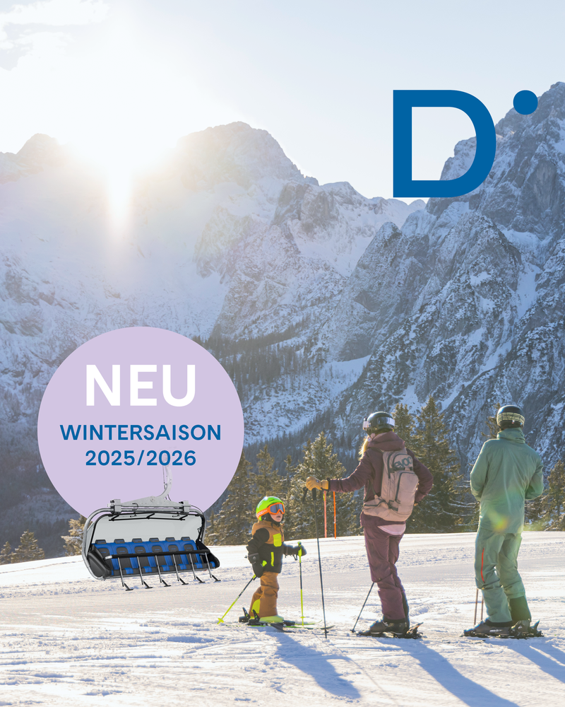 Skifahrer auf einer schneebedeckten Piste mit Bergen im Hintergrund. Der Text lautet „NEUE Wintersaison 2025/2026” mit einem Bild eines Sessellifts.
