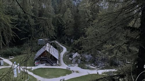 Open-air cinema at an alpine hut in a mountain landscape beneath a pink evening sky, framed by trees.
