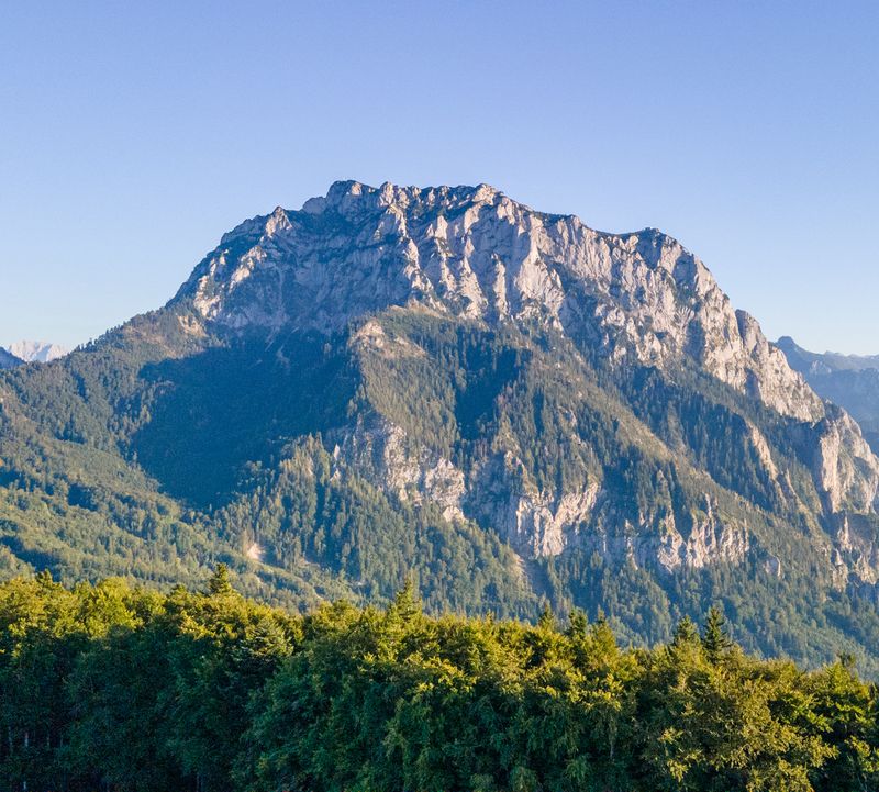 Panoramablick vom Grünberg auf den Traunstein und Traunsee