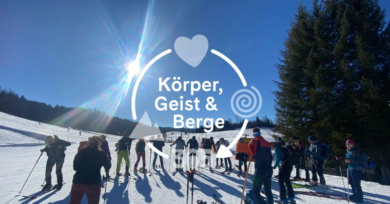 A group of people stand at the edge of a sunny, snow-covered ski slope surrounded by trees. The text ‘Body, Mind & Mountains’ is overlaid with a heart and spiral symbol.