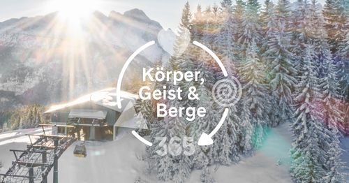 Snowy mountain landscape with sunlight streaming through trees, cable car station, and German text "Körper, Geist & Berge" overlaid.