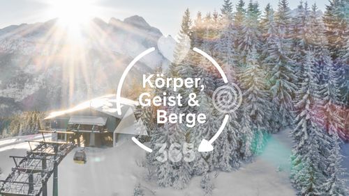 Snowy mountain landscape with sunlight streaming through trees, cable car station, and German text "Körper, Geist & Berge" overlaid.